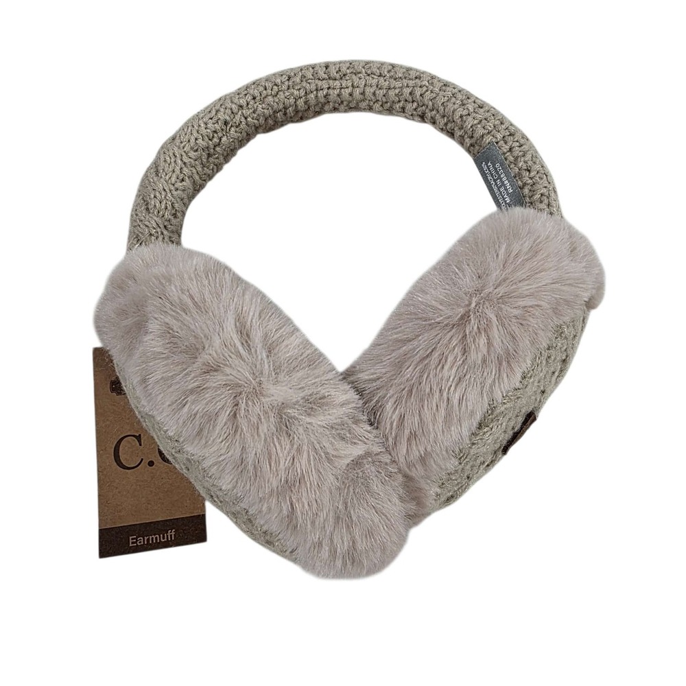 C.C. Cable Knit Faux Fur Earmuffs Beige Adjustable Winter Warm New Outdoors